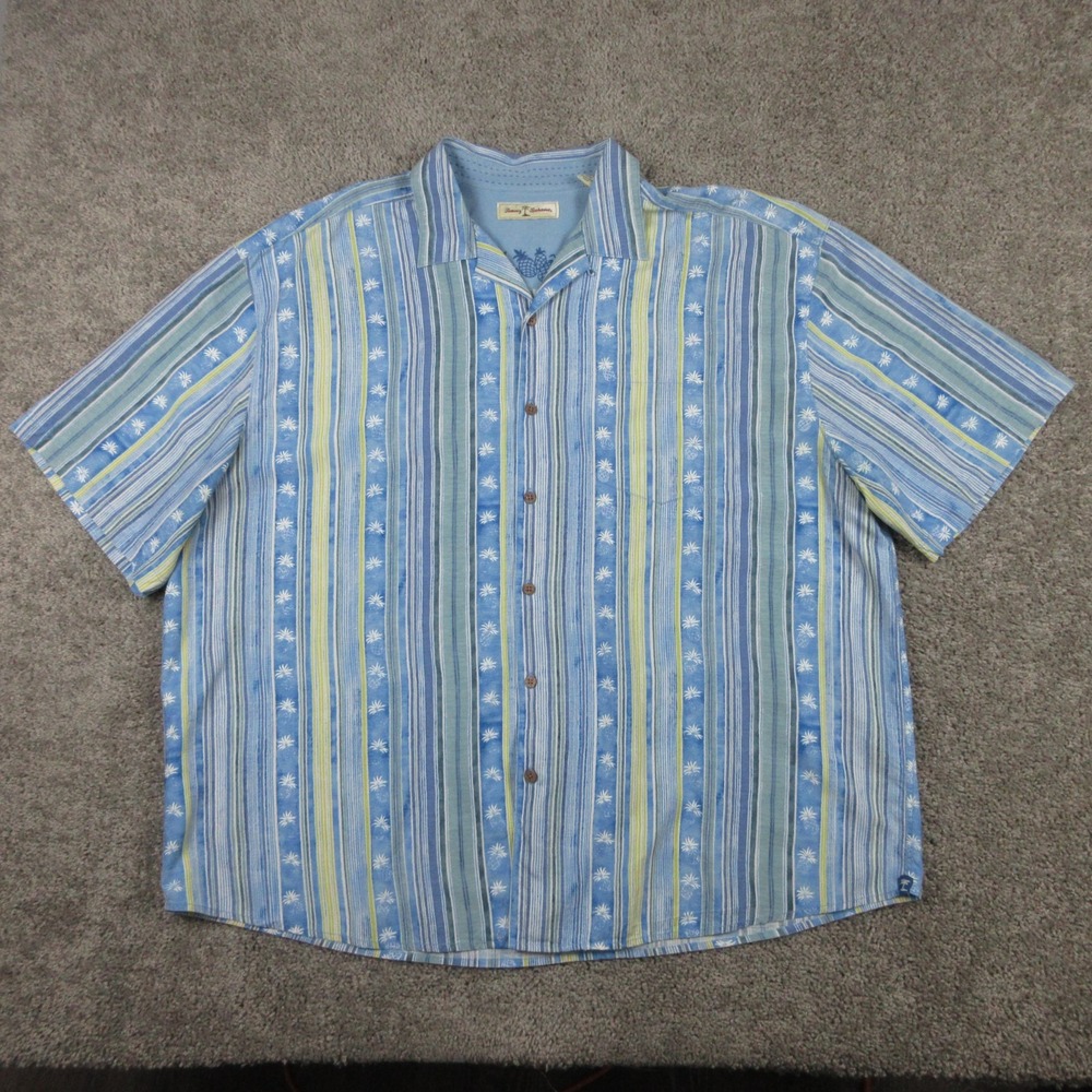 Tommy Bahama Shirt Mens 3XB Blue Geometric Printed Silk Hawaiian Aloha Button Up